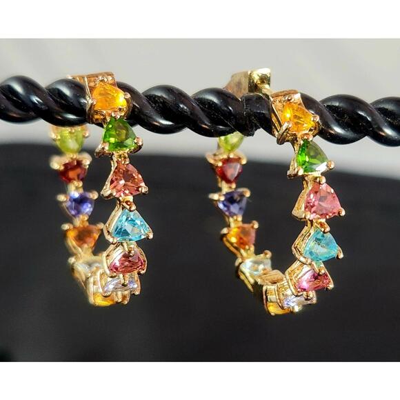 Stunning Heavy Gem Stone Hoop Earrings Inside/Outside Colorful Bold 925 GF